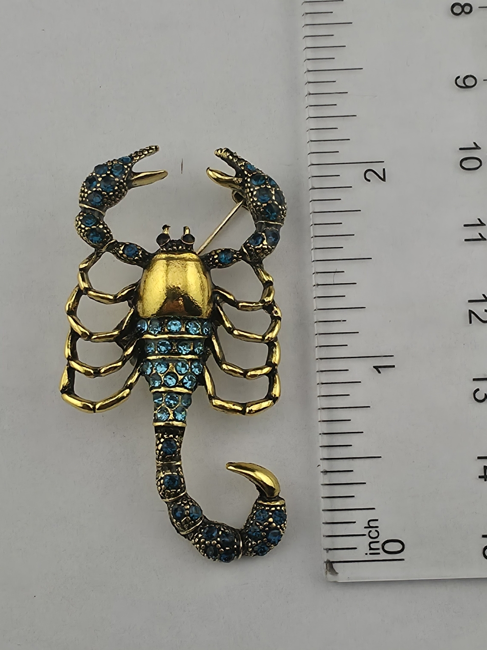 Fun Gold Scorpion Brooch with Blue Crystal Rhinestones 2" - Picture 3 of 3
